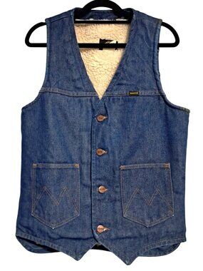 Maverick Denim Vest Sherpa Lined Mens Small Unisex *STAINS* Blue Cotton & Polyes